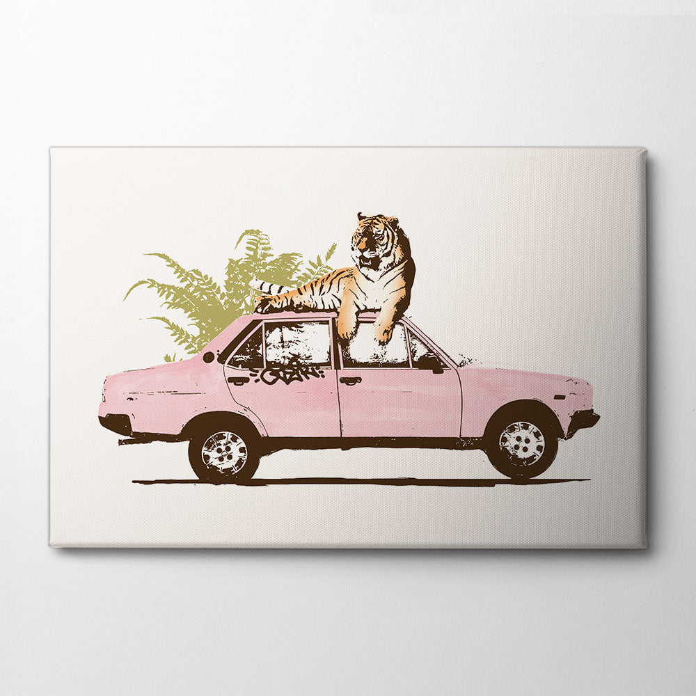 Tiger On Car Canvas Print by Florent Bodart | Artbanx UK Wall Art