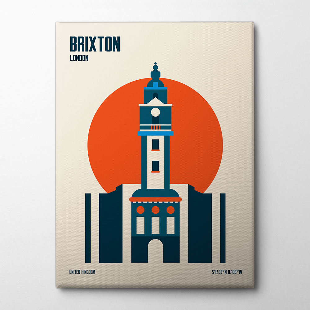 Brixton Tower Retro Travel Print Canvas Print by Retrodrome | Artbanx UK Wall Art