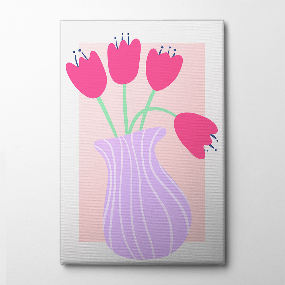 Vibrant Tulips in a Striped Lavender Vase Canvas Print by Athene Fritsch | Artbanx UK Wall Art
