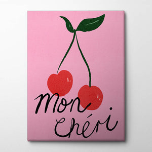 Mon Cheri Cherry Typography Poster Purple Canvas Print by Dirkie Nell | Artbanx UK Wall Art
