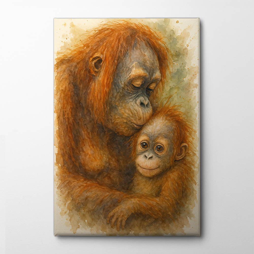 Mother orangutan kissing her baby in warm jungle tones Canvas Print